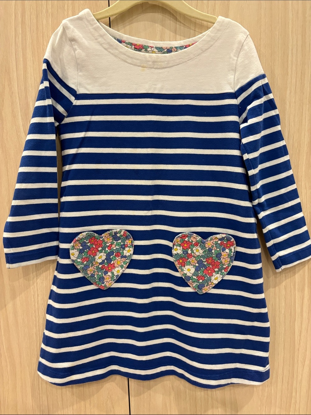 Mini Boden Blue & White Striped Long Sleeve Dress with Floral Heart Pockets